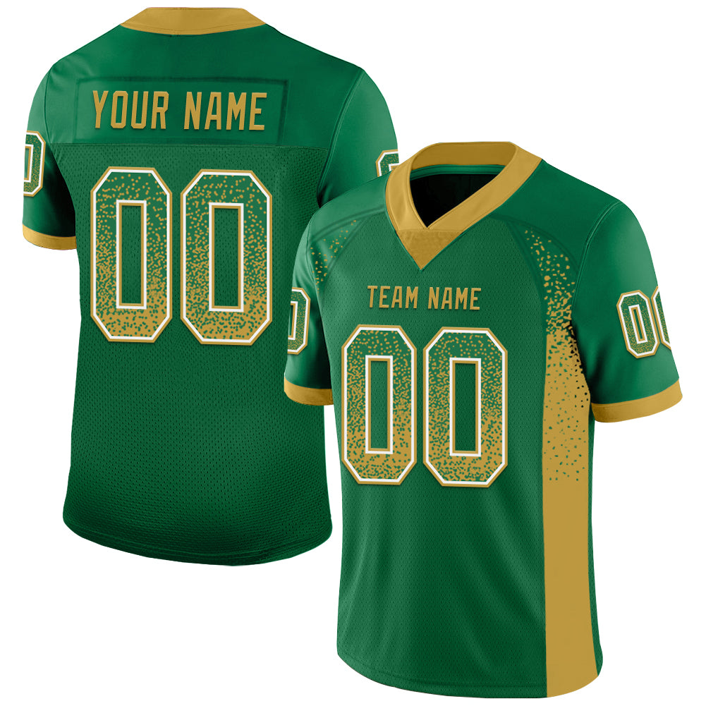 Custom Kelly Green Old Gold-White Mesh Drift Fashion Football Jersey