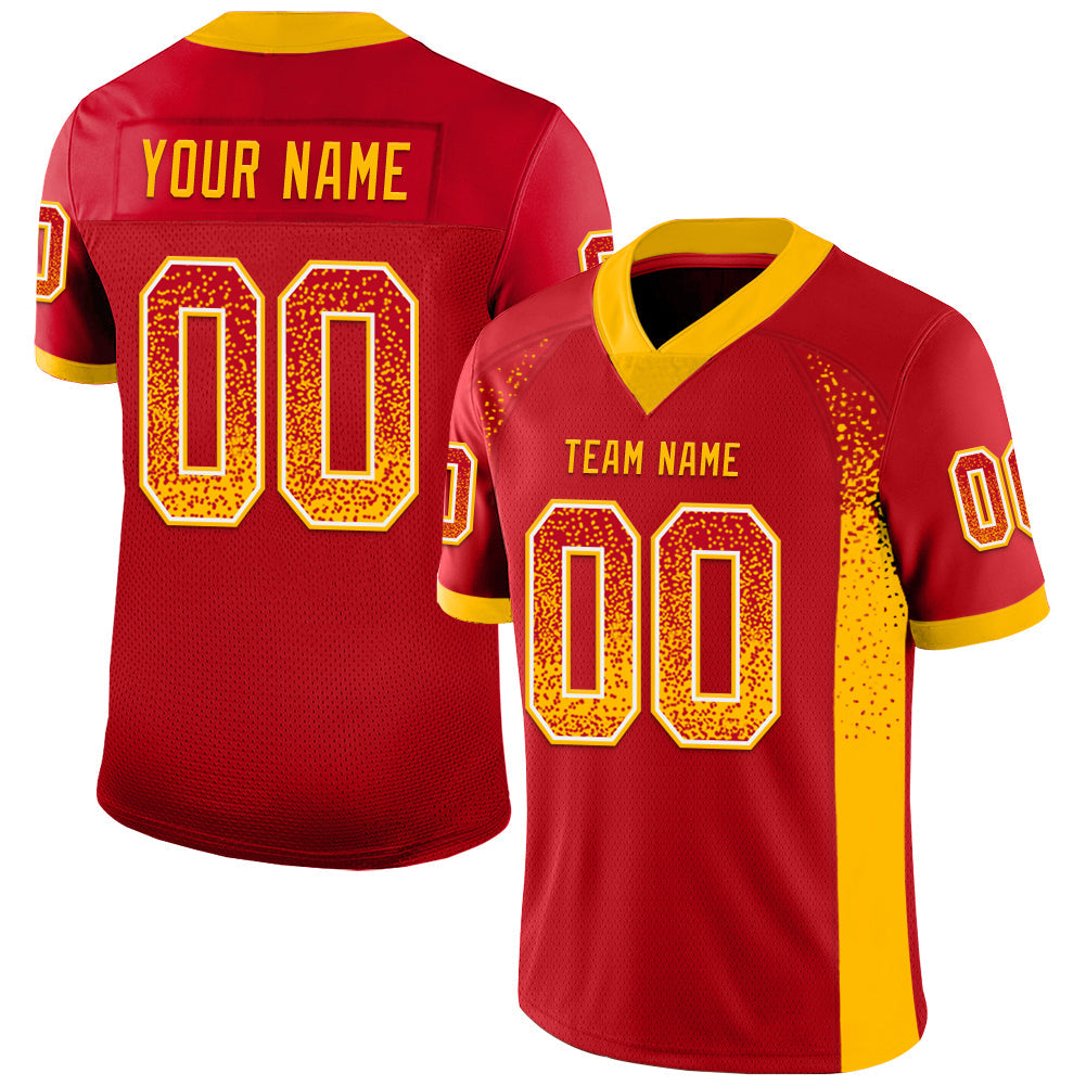 Custom Red Gold-White Mesh Drift Fashion Football Jersey