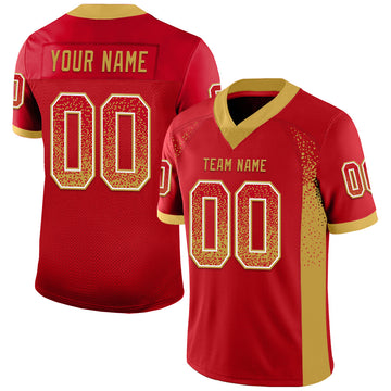 Custom Red Old Gold-White Mesh Drift Fashion Football Jersey