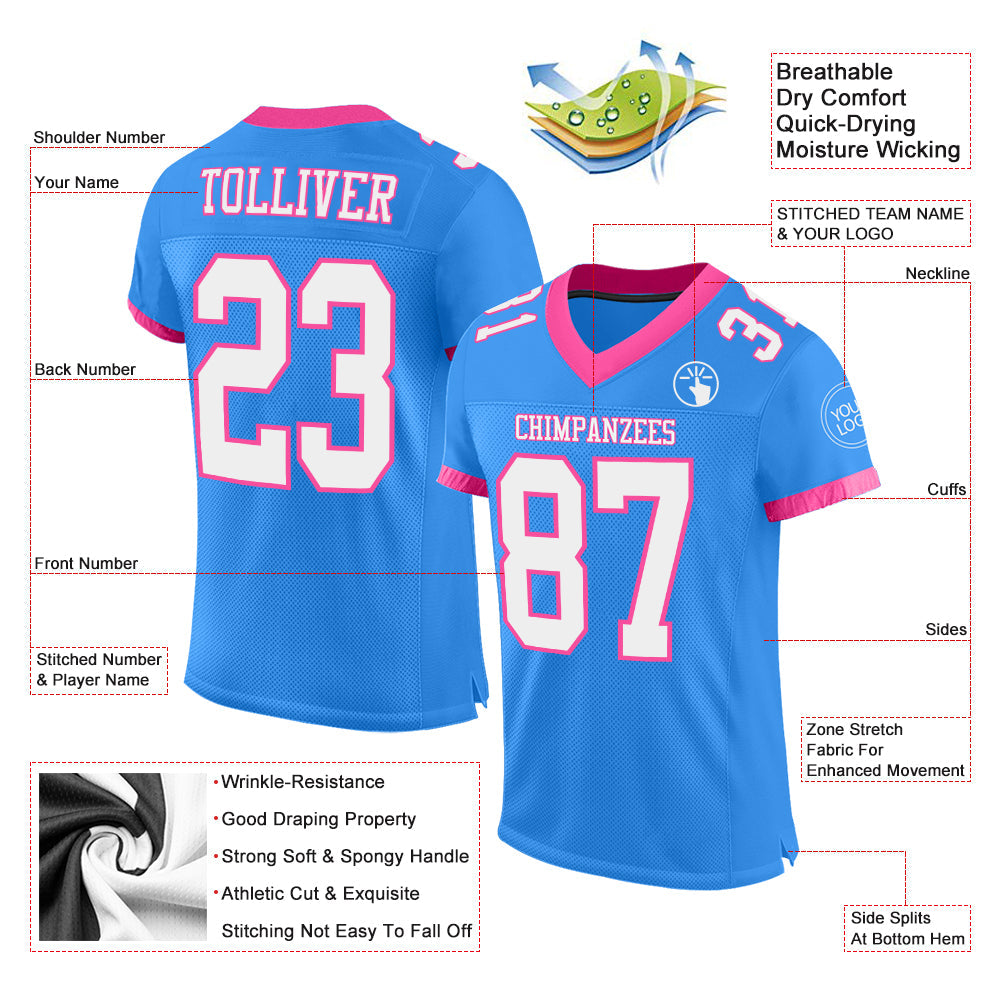 Custom Electric Blue White-Pink Mesh Authentic Football Jersey