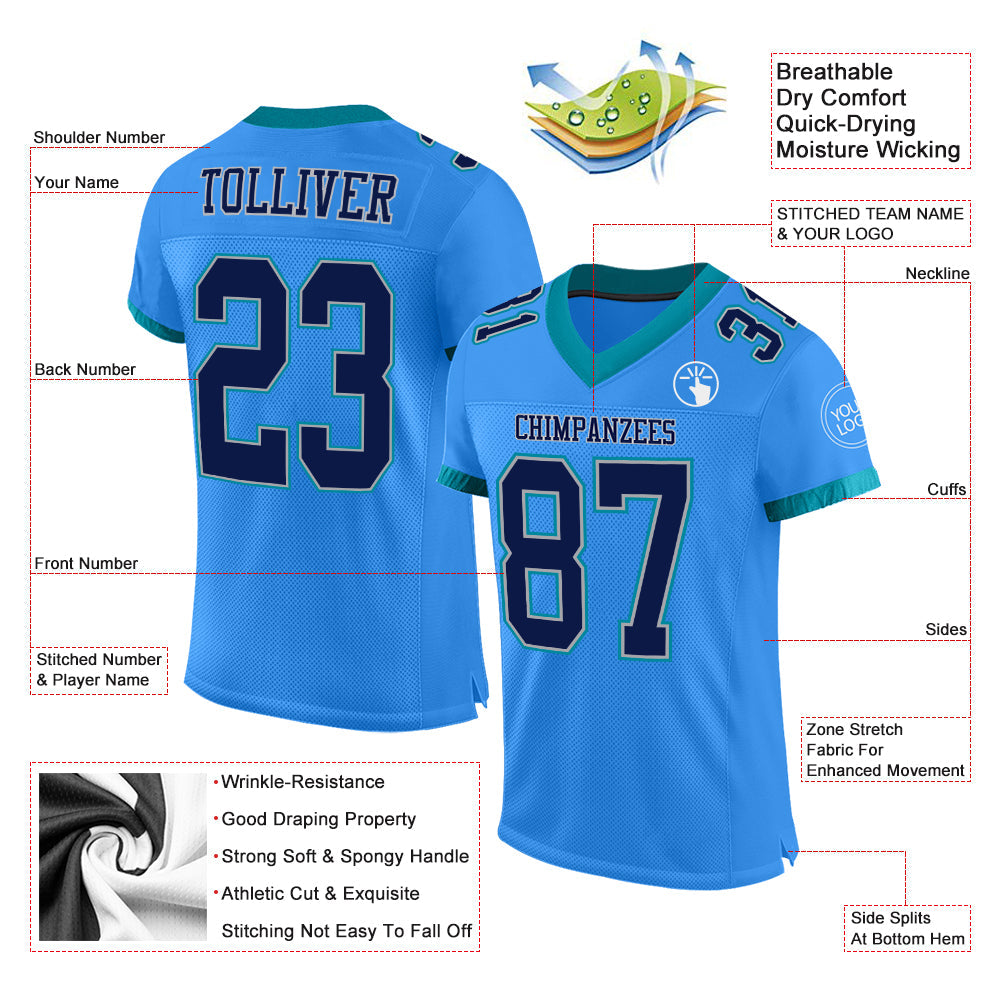 Custom Electric Blue Navy Gray-Teal Mesh Authentic Football Jersey