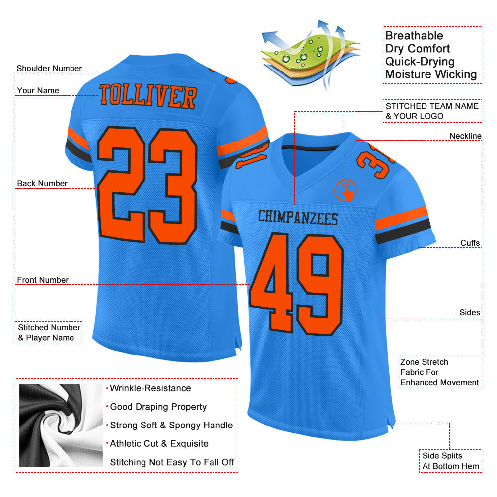 Custom Electric Blue Orange-Black Mesh Authentic Football Jersey