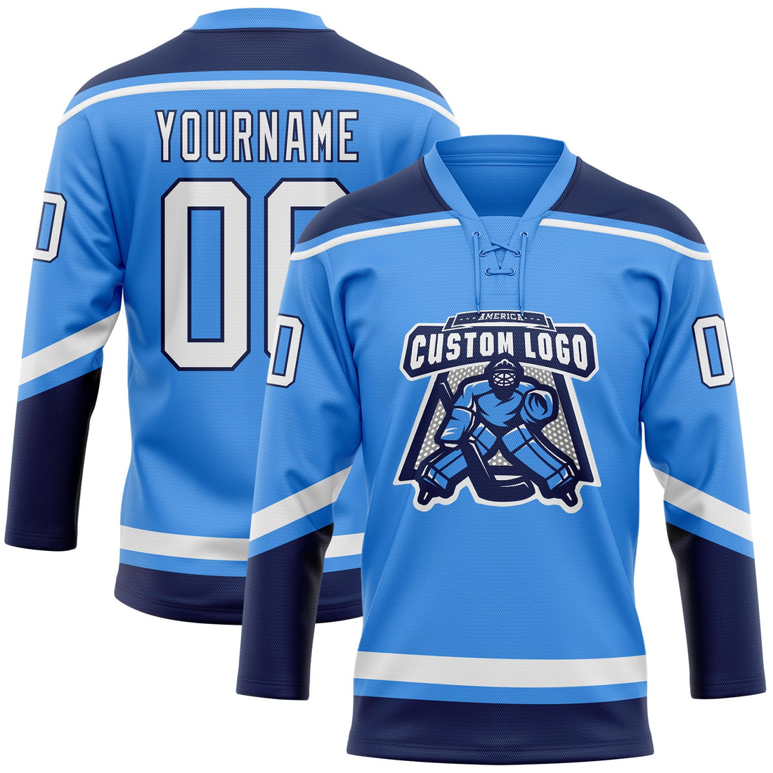 Custom Electric Blue White-Navy Hockey Lace Neck Jersey