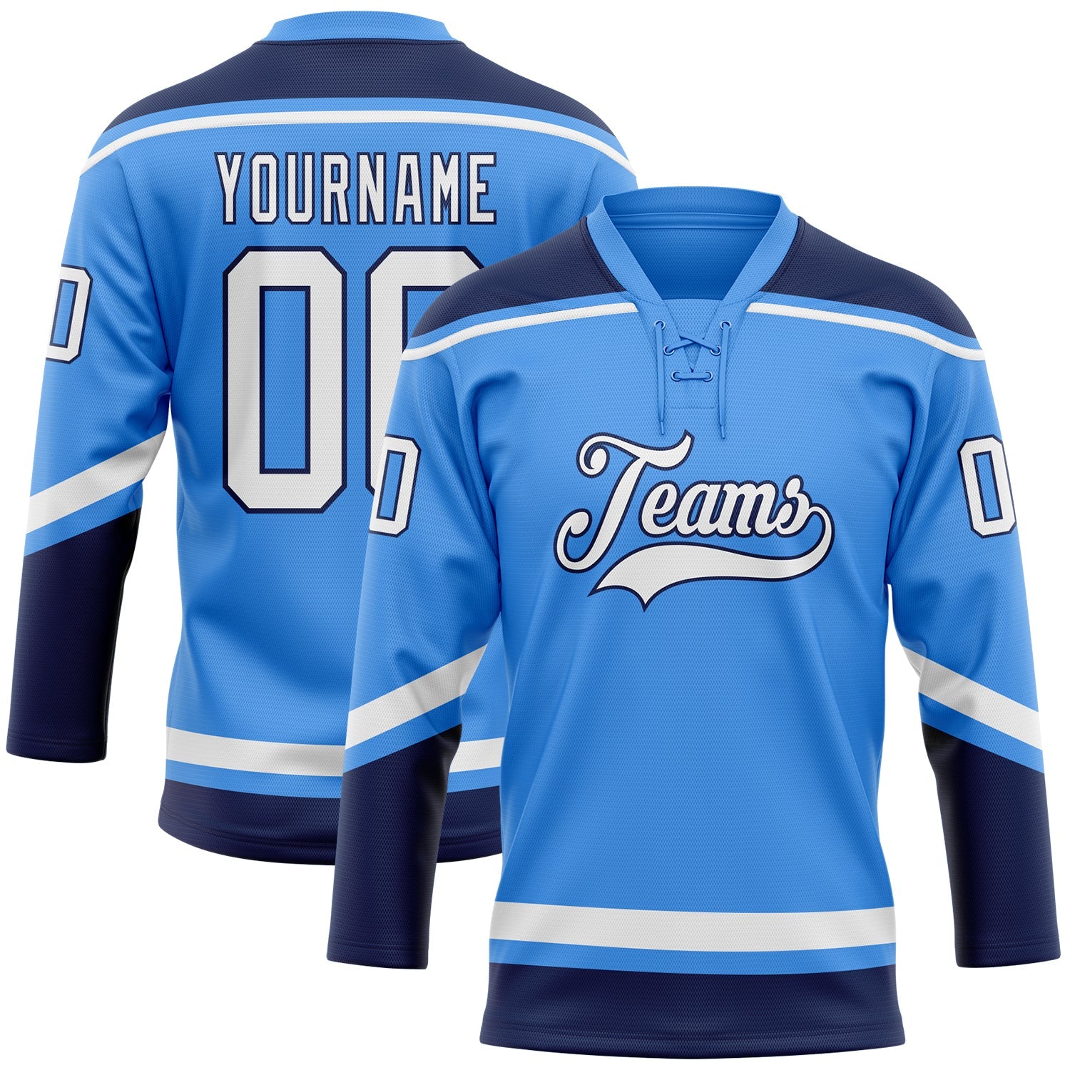 Custom Electric Blue White-Navy Hockey Lace Neck Jersey