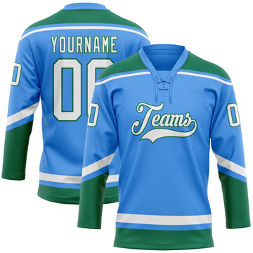 Custom Electric Blue White-Kelly Green Hockey Lace Neck Jersey