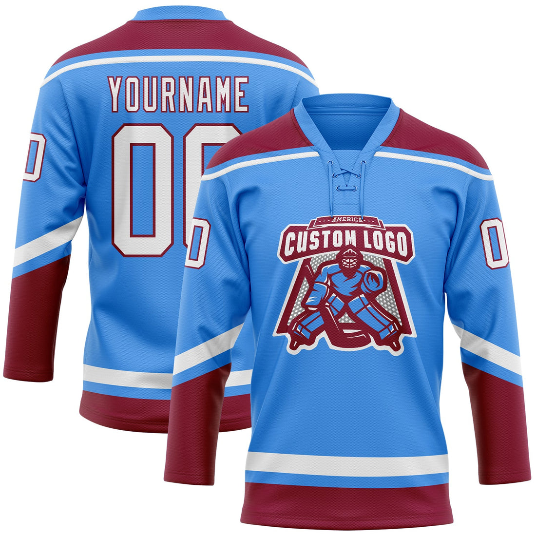 Custom Electric Blue White-Maroon Hockey Lace Neck Jersey