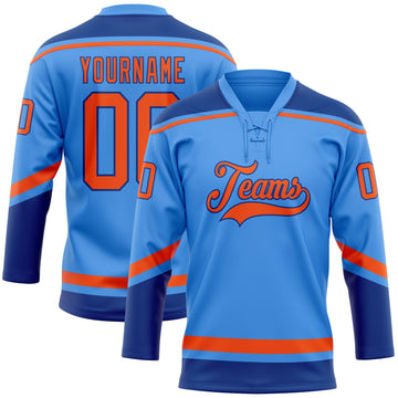 Custom Electric Blue Orange-Royal Hockey Lace Neck Jersey