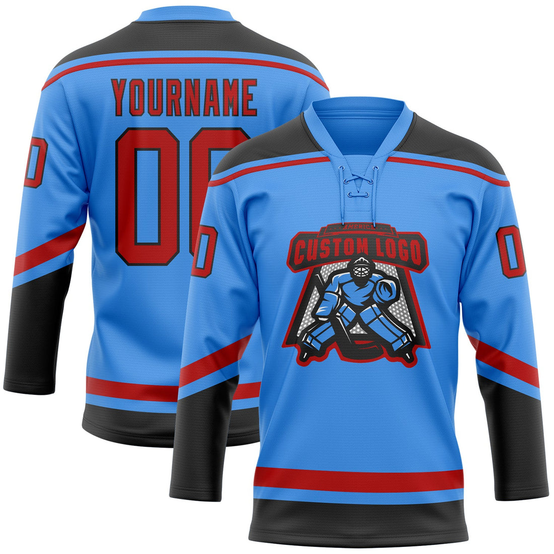 Custom Electric Blue Red-Black Hockey Lace Neck Jersey