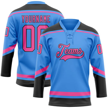 Custom Electric Blue Pink-Black Hockey Lace Neck Jersey