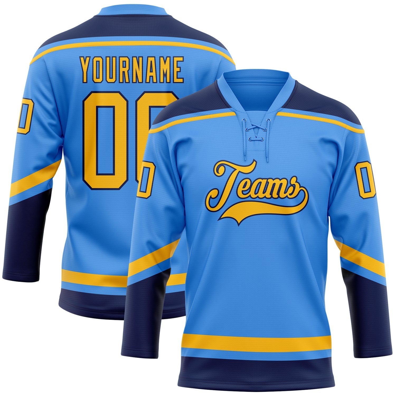 Custom Electric Blue Gold-Navy Hockey Lace Neck Jersey