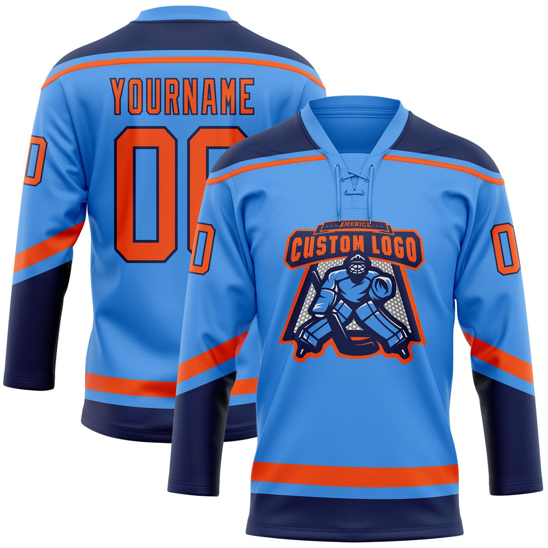 Custom Electric Blue Orange-Navy Hockey Lace Neck Jersey