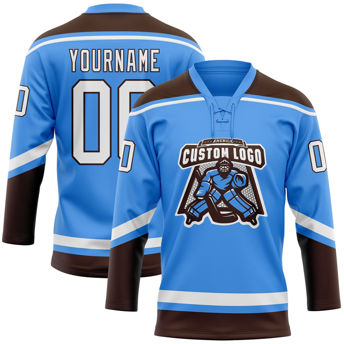 Custom Electric Blue White-Brown Hockey Lace Neck Jersey