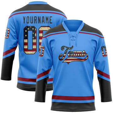 Custom Electric Blue Vintage USA Flag Black-Maroon Hockey Lace Neck Jersey