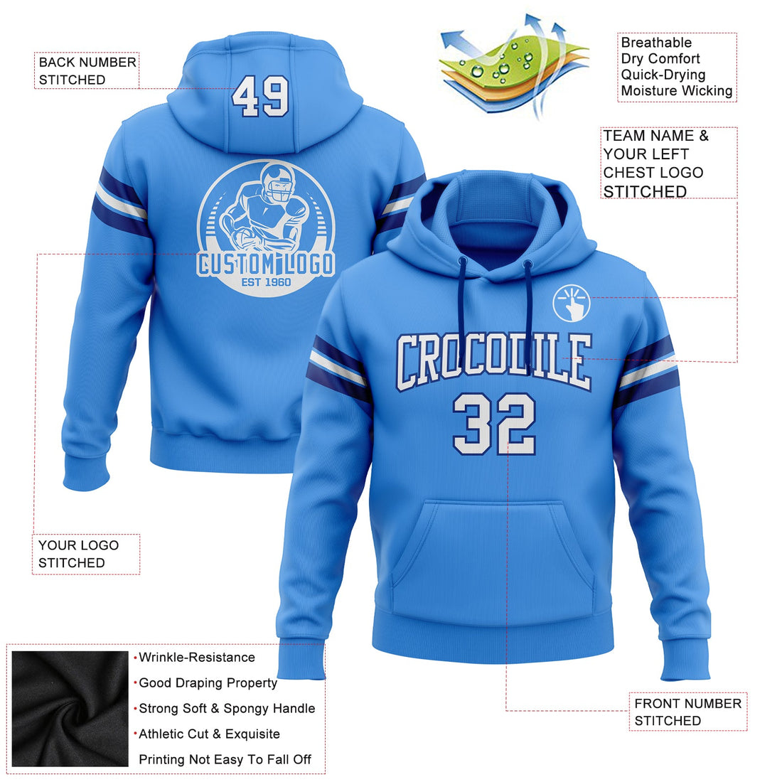 Custom Stitched Electric Blue White-Royal Football Pullover Sweatshirt Hoodie