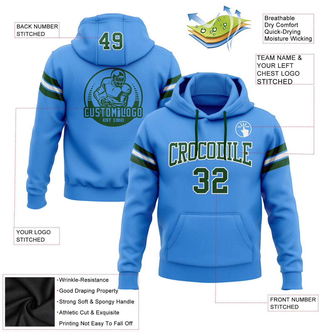 Custom Stitched Electric Blue Green-White Football Pullover Sweatshirt Hoodie