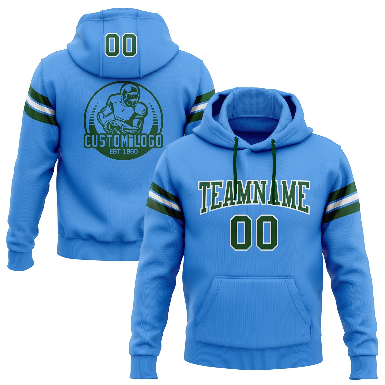 Custom Stitched Electric Blue Green-White Football Pullover Sweatshirt Hoodie