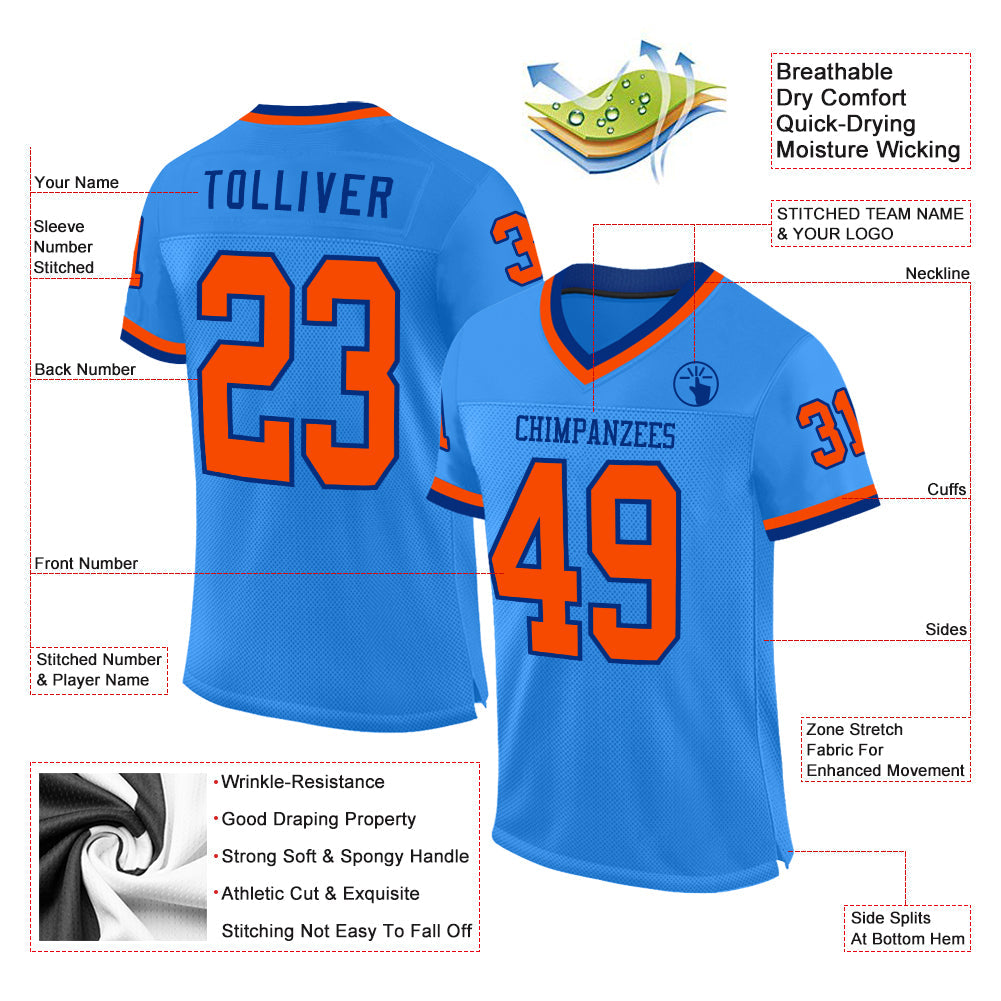 Custom Electric Blue Orange-Royal Mesh Authentic Throwback Football Jersey