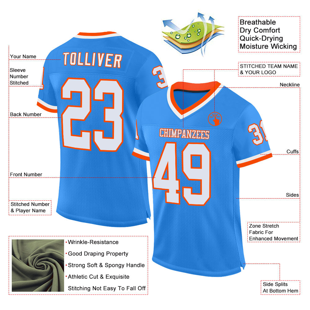 Custom Electric Blue White-Orange Mesh Authentic Throwback Football Jersey