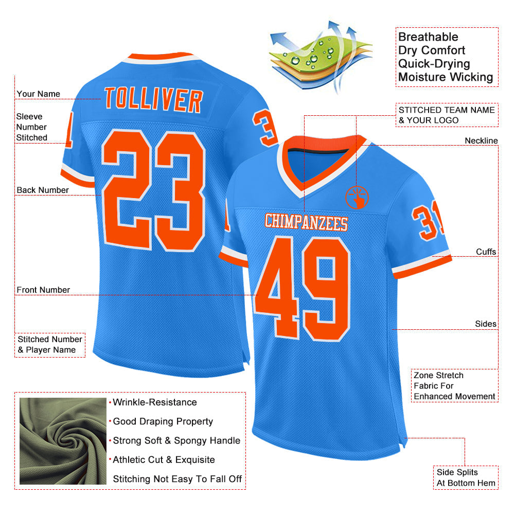 Custom Electric Blue Orange-White Mesh Authentic Throwback Football Jersey