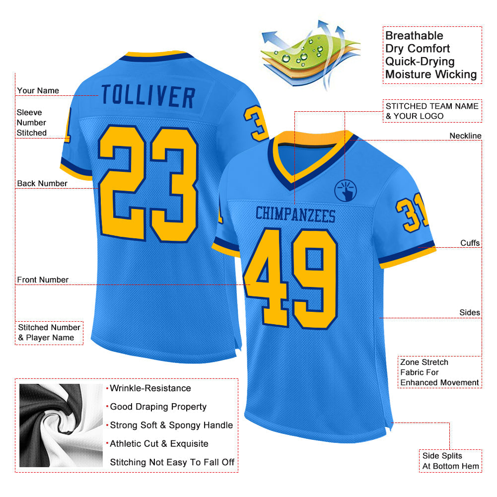 Custom Electric Blue Gold-Royal Mesh Authentic Throwback Football Jersey