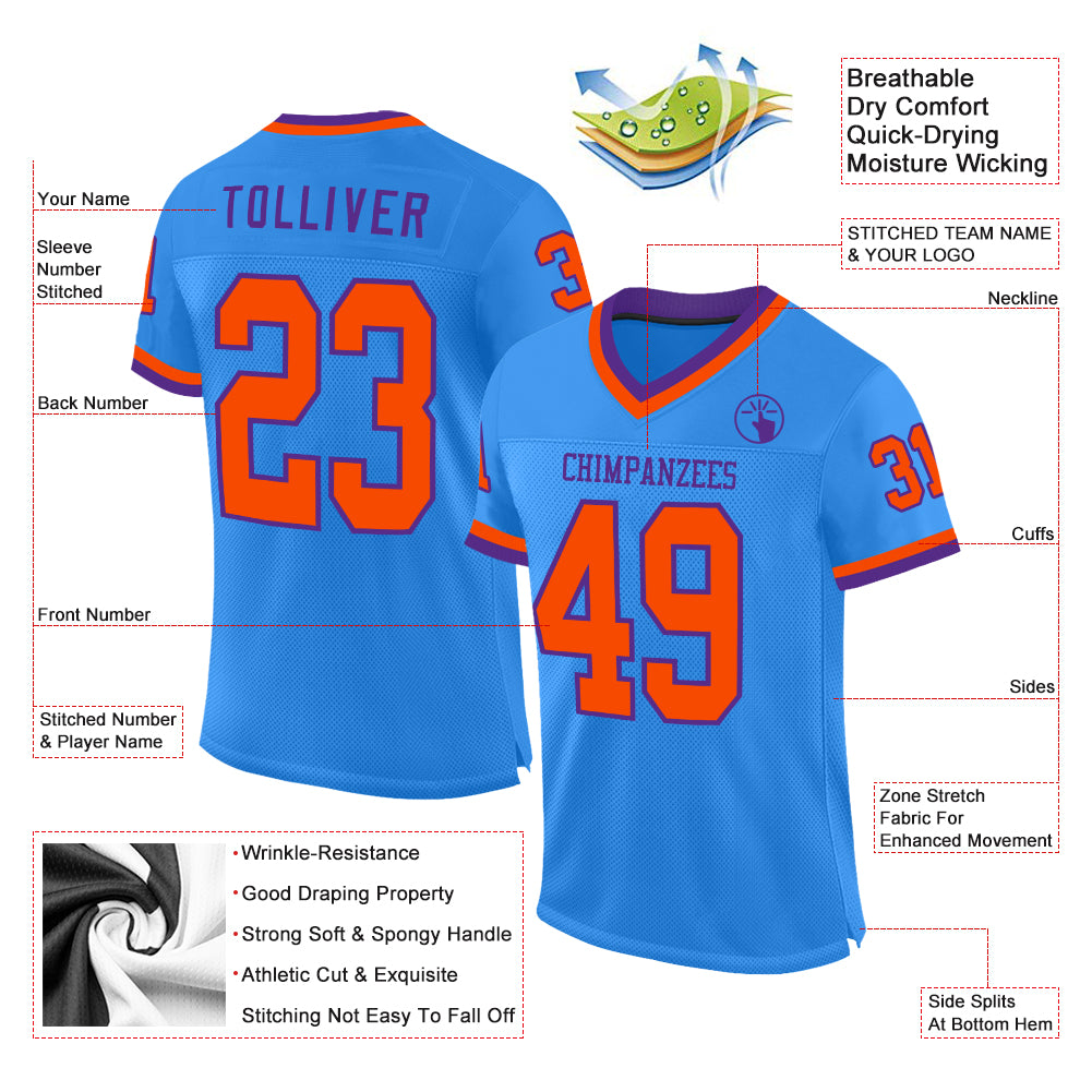 Custom Electric Blue Orange-Purple Mesh Authentic Throwback Football Jersey