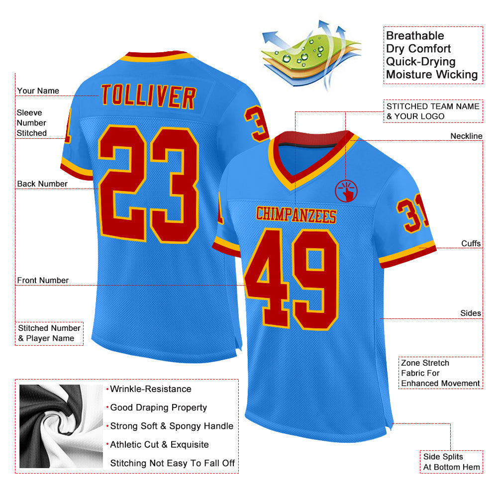 Custom Electric Blue Red-Gold Mesh Authentic Throwback Football Jersey