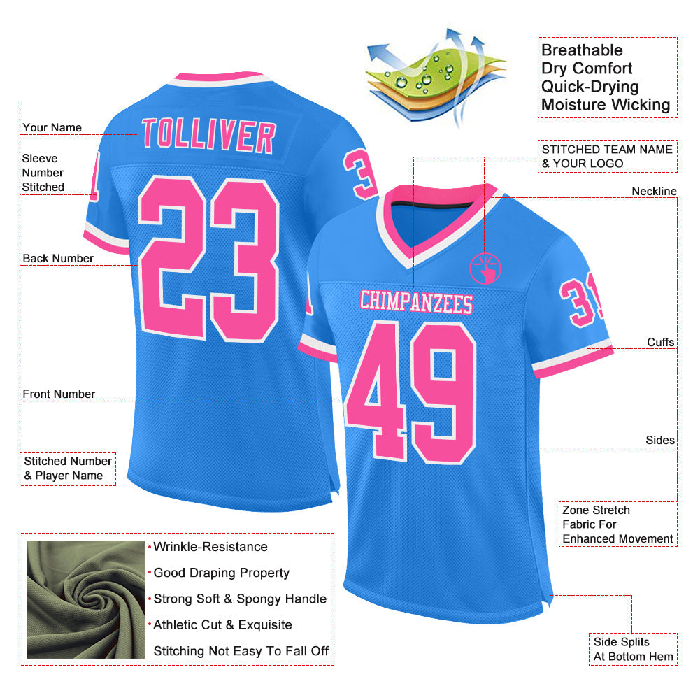 Custom Electric Blue Pink-White Mesh Authentic Throwback Football Jersey