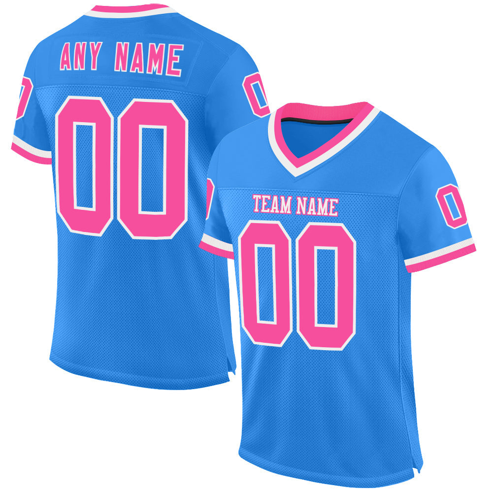 Custom Electric Blue Pink-White Mesh Authentic Throwback Football Jersey