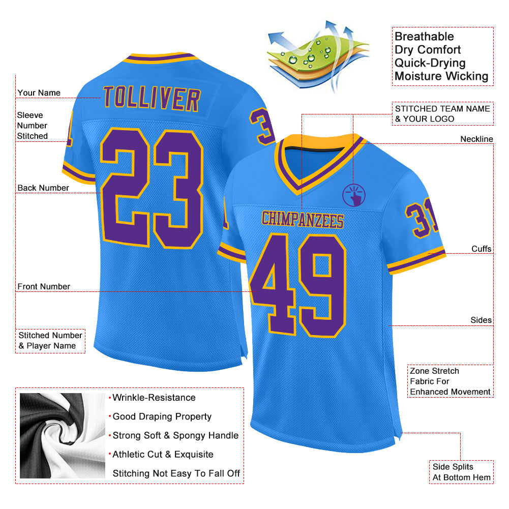 Custom Electric Blue Purple-Gold Mesh Authentic Throwback Football Jersey