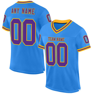 Custom Electric Blue Purple-Gold Mesh Authentic Throwback Football Jersey