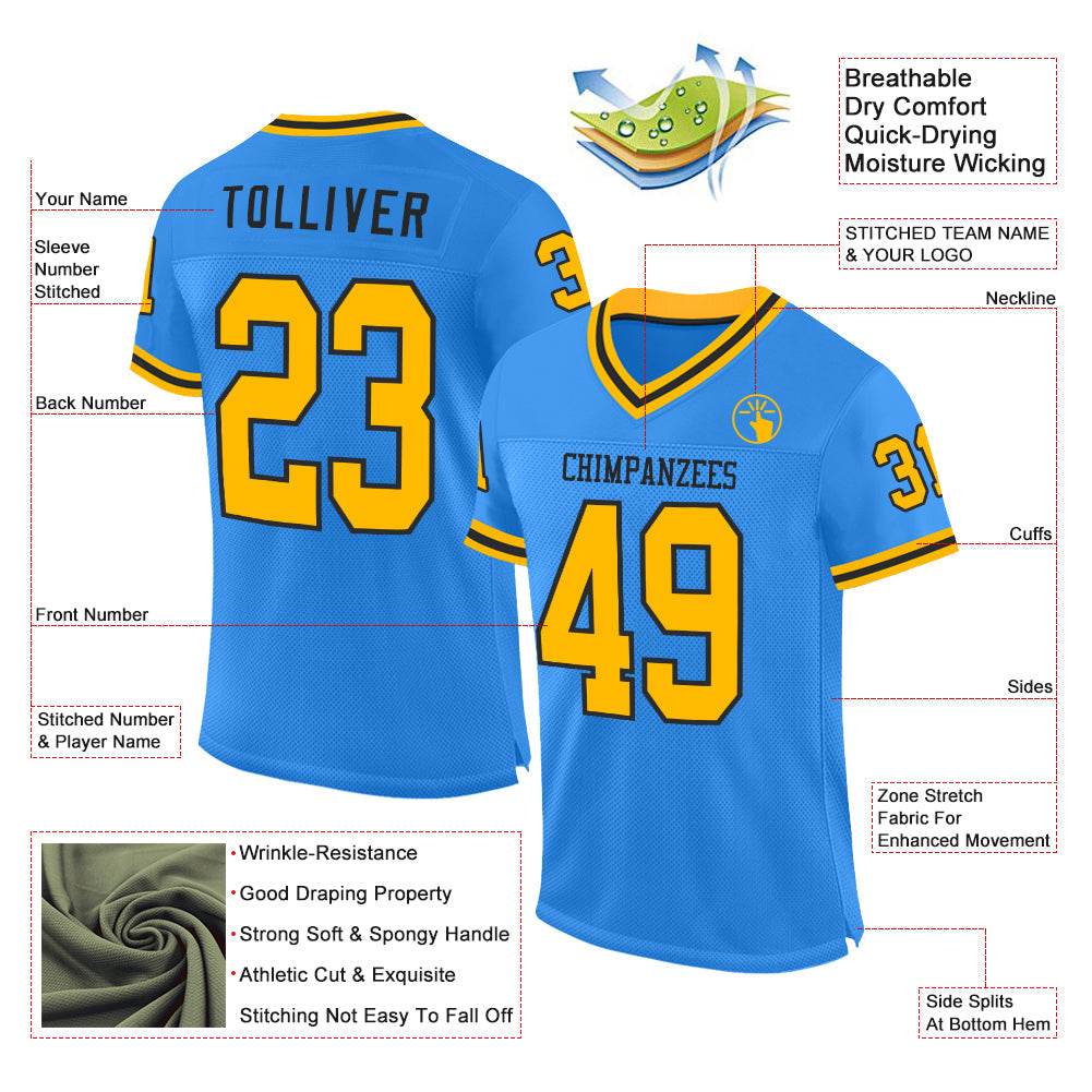 Custom Electric Blue Gold-Black Mesh Authentic Throwback Football Jersey