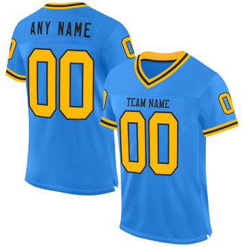 Custom Electric Blue Gold-Black Mesh Authentic Throwback Football Jersey