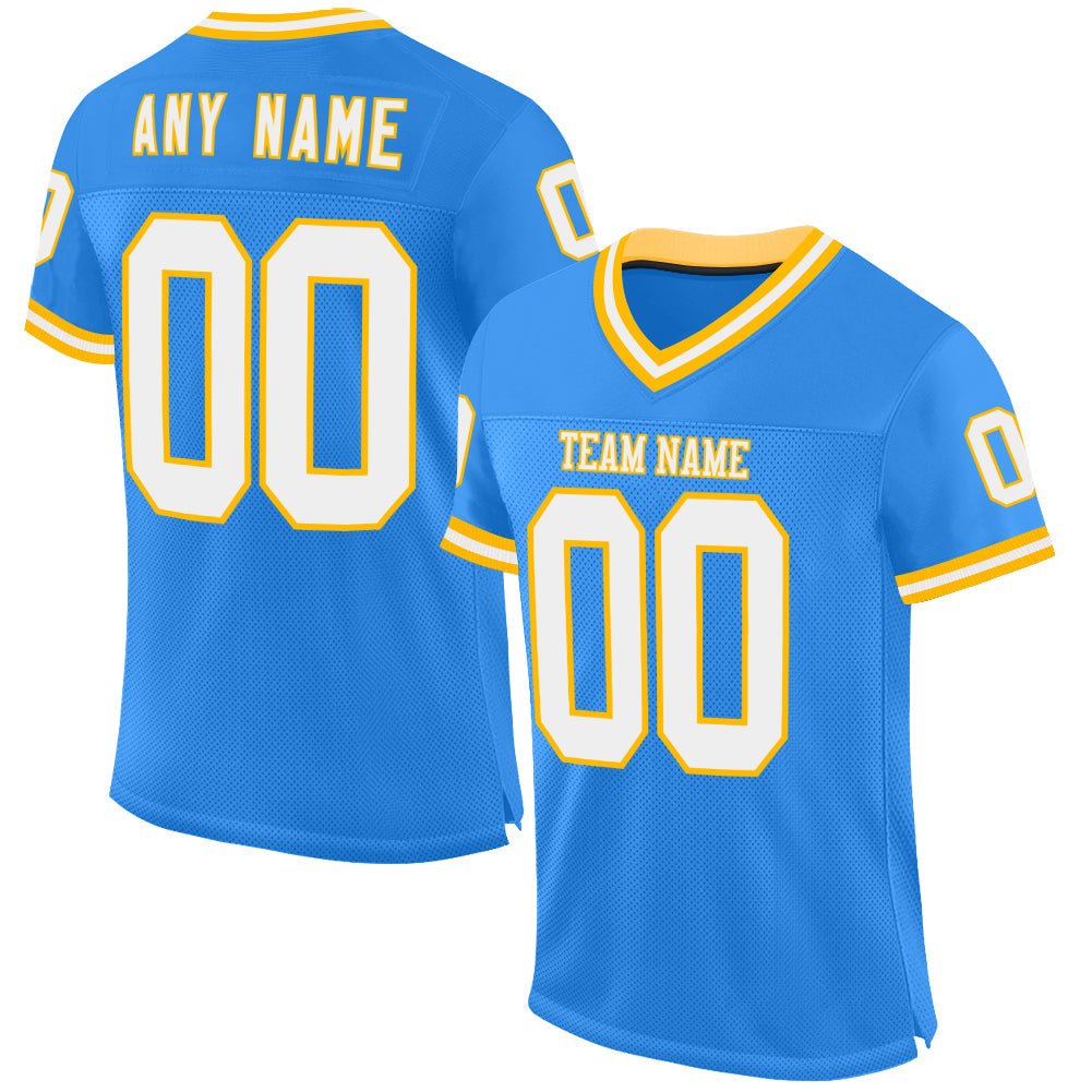 Custom Electric Blue White-Gold Mesh Authentic Throwback Football Jersey