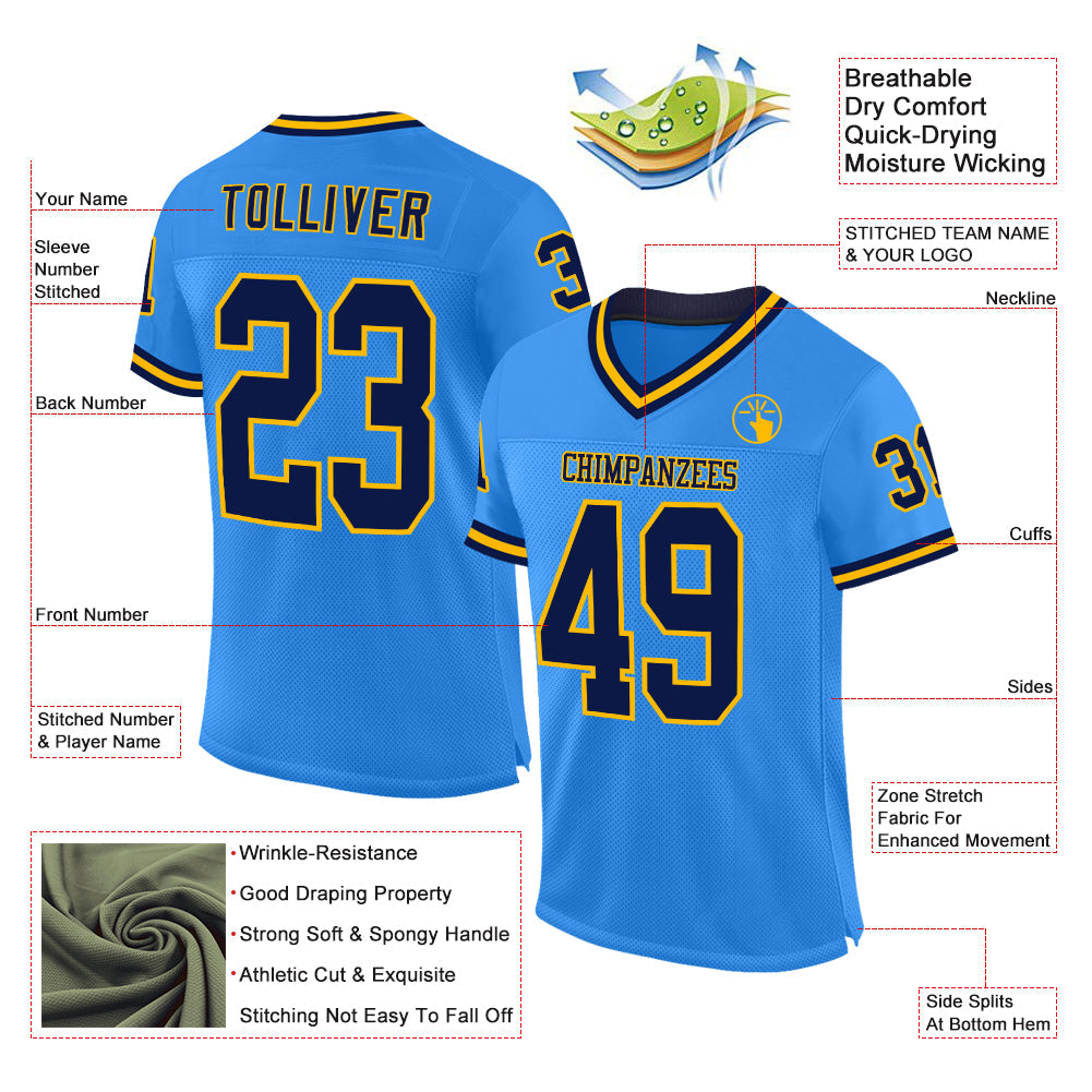 Custom Electric Blue Navy-Gold Mesh Authentic Throwback Football Jersey