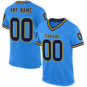 Custom Electric Blue Navy-Gold Mesh Authentic Throwback Football Jersey