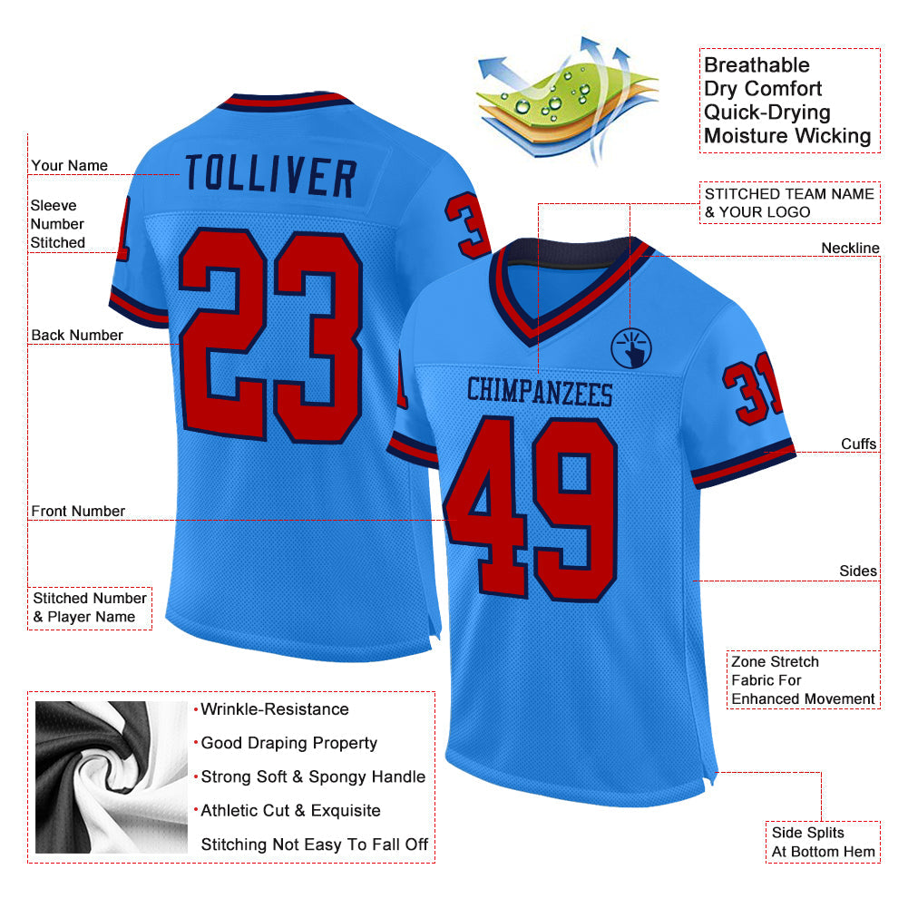 Custom Electric Blue Red-Navy Mesh Authentic Throwback Football Jersey