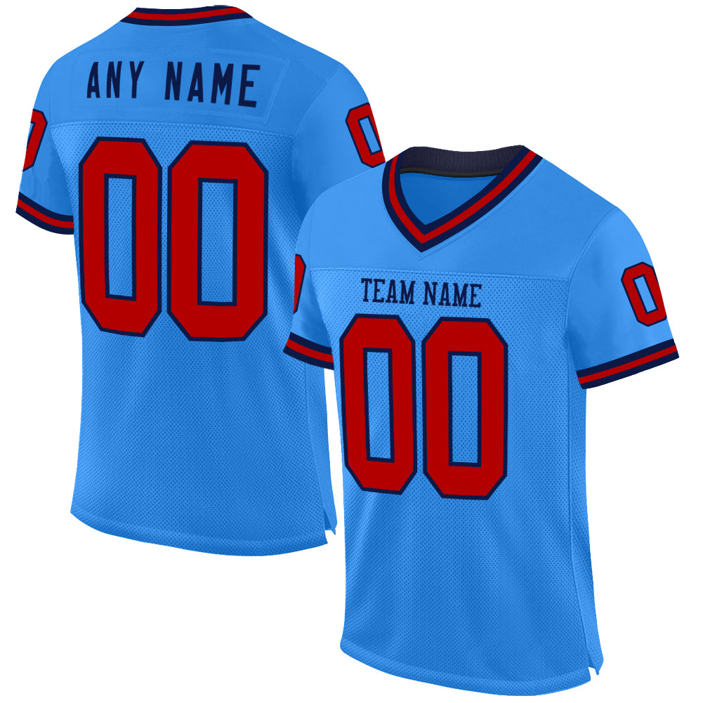 Custom Electric Blue Red-Navy Mesh Authentic Throwback Football Jersey