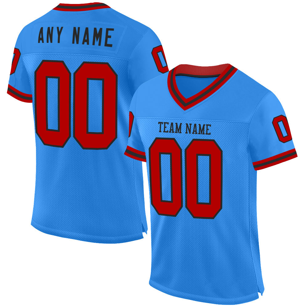 Custom Electric Blue Red-Black Mesh Authentic Throwback Football Jersey