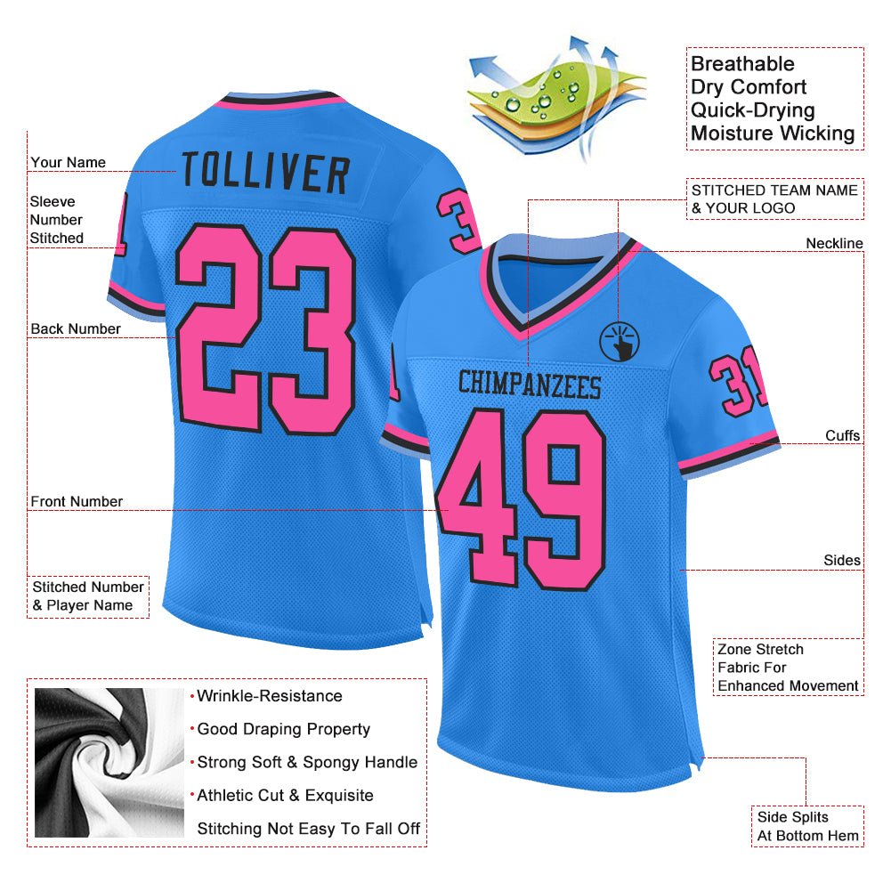 Custom Electric Blue Pink Black-Light Blue Mesh Authentic Throwback Football Jersey