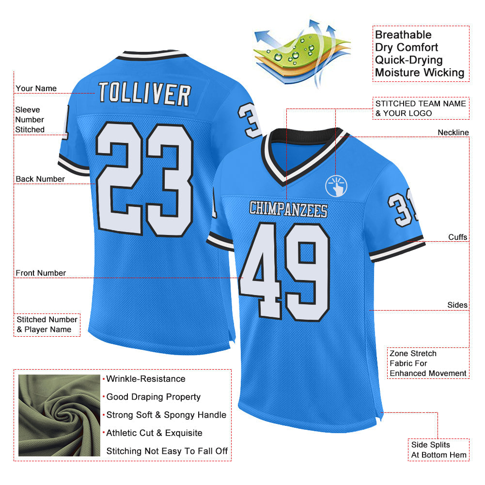 Custom Electric Blue White-Black Mesh Authentic Throwback Football Jersey