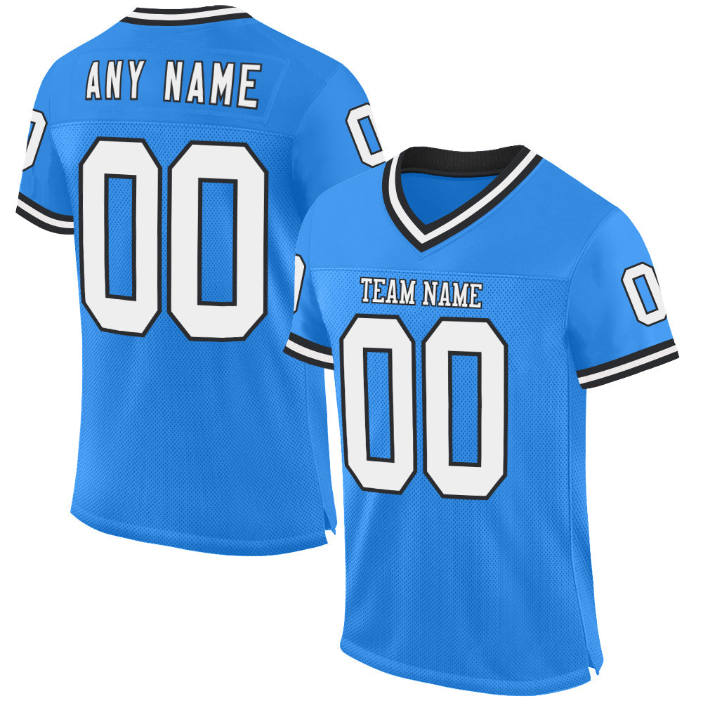 Custom Electric Blue White-Black Mesh Authentic Throwback Football Jersey