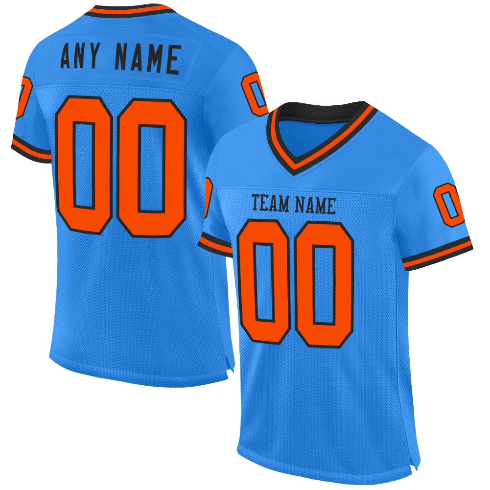 Custom Electric Blue Orange-Black Mesh Authentic Throwback Football Jersey