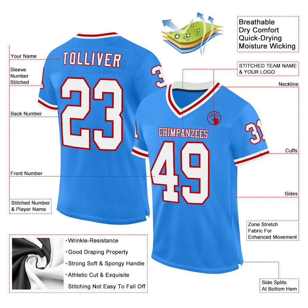 Custom Electric Blue White-Red Mesh Authentic Throwback Football Jersey