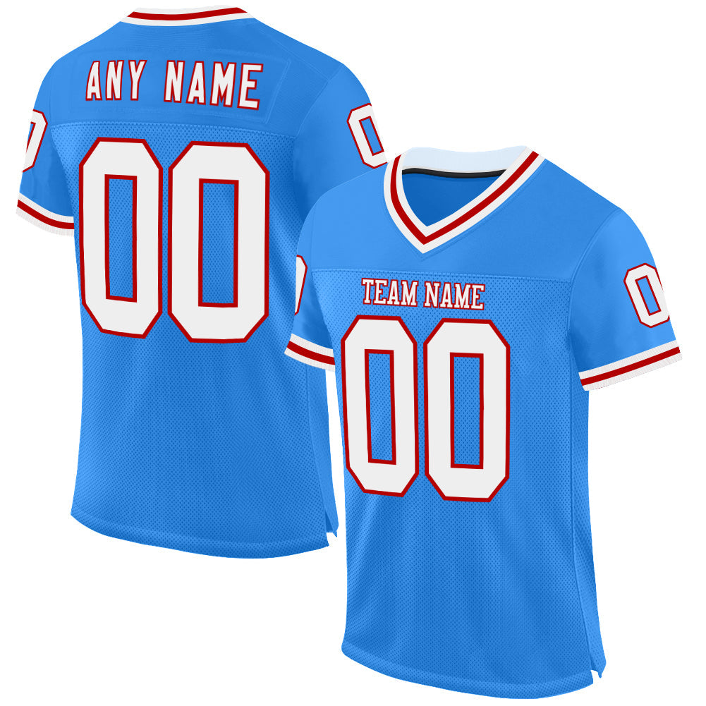 Custom Electric Blue White-Red Mesh Authentic Throwback Football Jersey