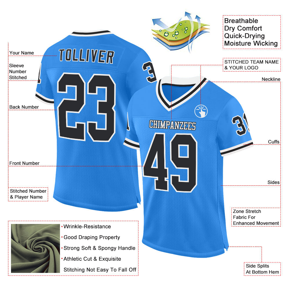 Custom Electric Blue Black-White Mesh Authentic Throwback Football Jersey