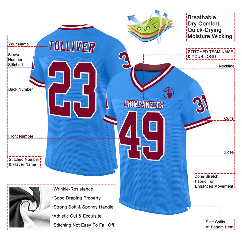 Custom Electric Blue Maroon-White Mesh Authentic Throwback Football Jersey