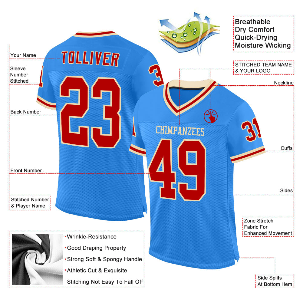 Custom Electric Blue Red-Cream Mesh Authentic Throwback Football Jersey