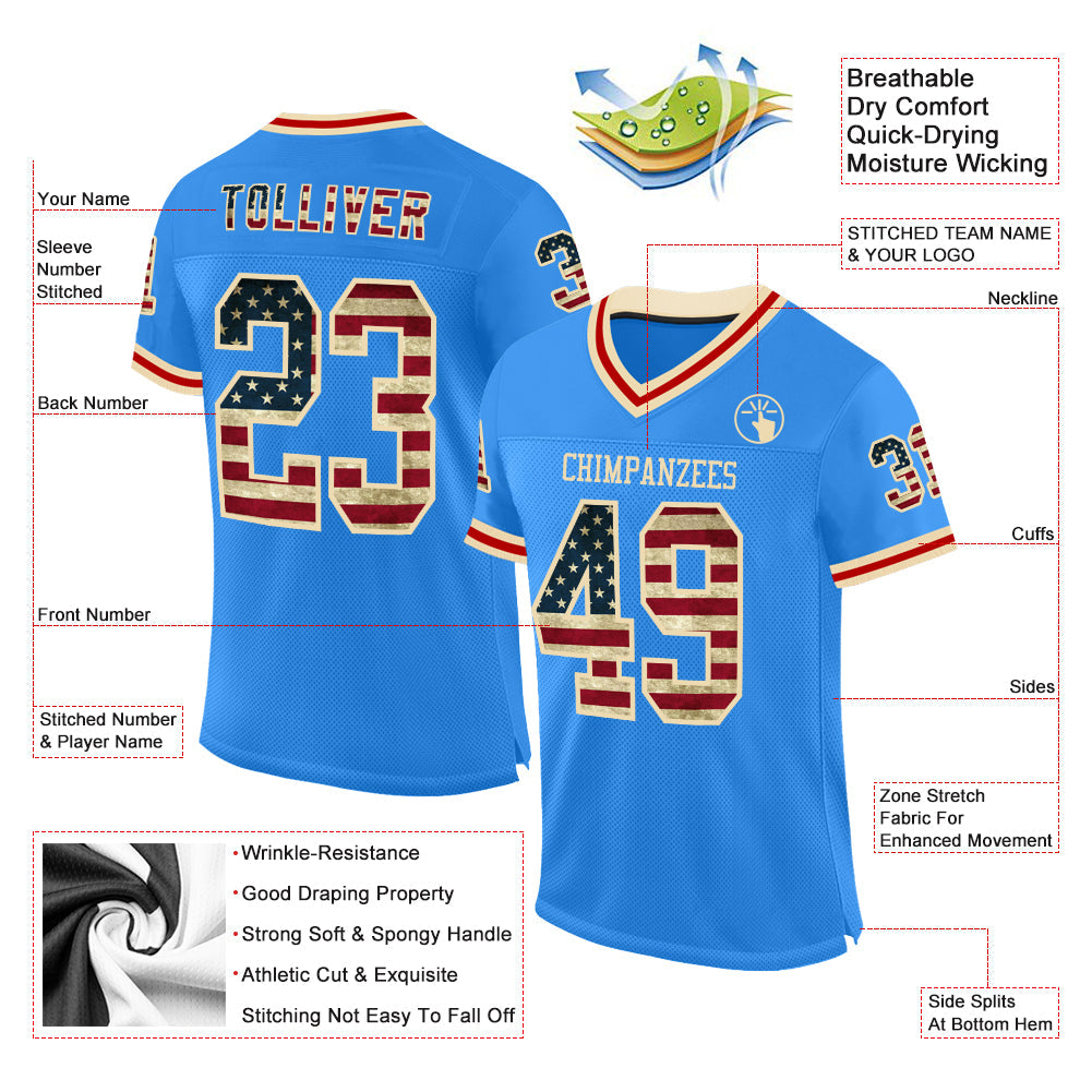 Custom Electric Blue Vintage USA Flag Cream-Red Mesh Authentic Throwback Football Jersey