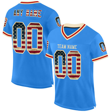 Custom Electric Blue Vintage USA Flag Cream-Red Mesh Authentic Throwback Football Jersey