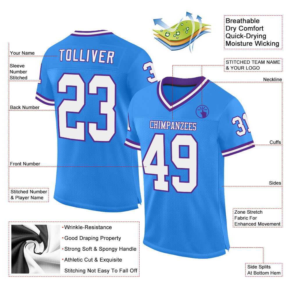 Custom Electric Blue White-Purple Mesh Authentic Throwback Football Jersey